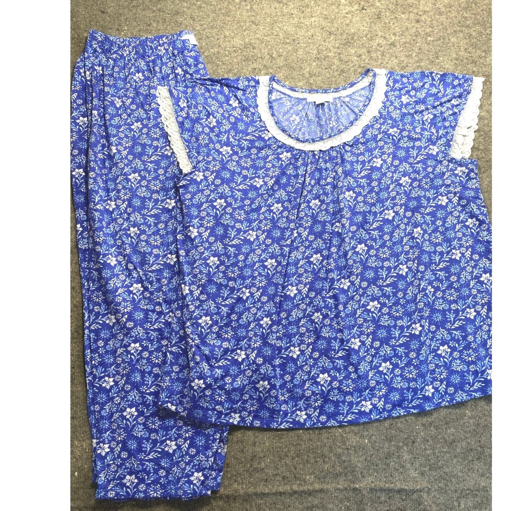 Dreams & Co Blue Floral Lace Trim Pajama Set Plus Size 3X 30/32 Short Sleeve PJ